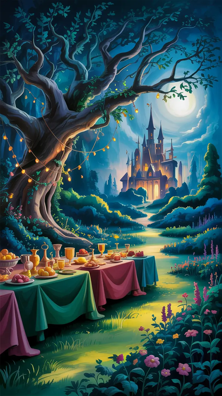 Un banquet au clair de lune face à un château fantastique