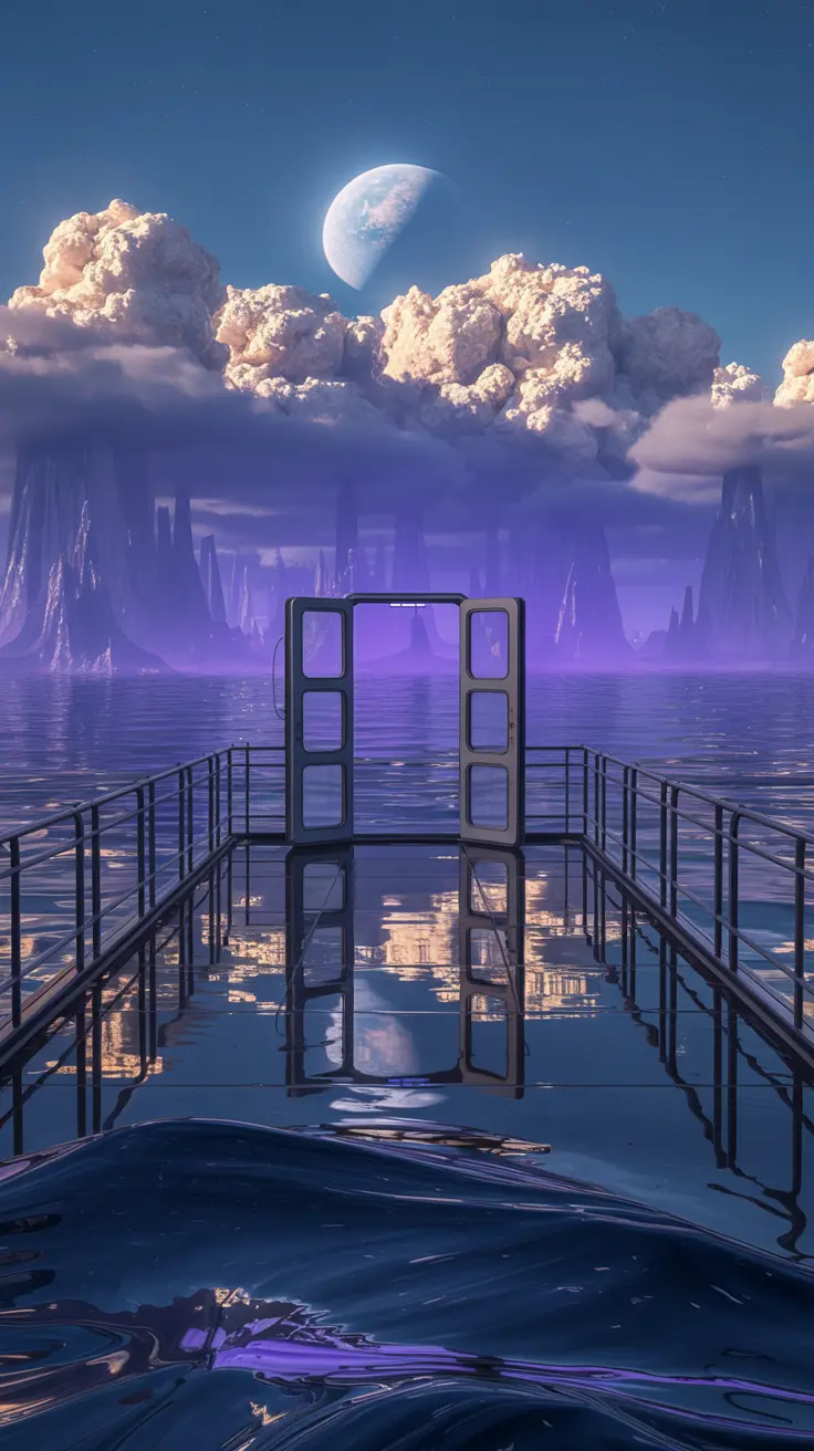 Un portail cinématographique face à un paysage fantastique